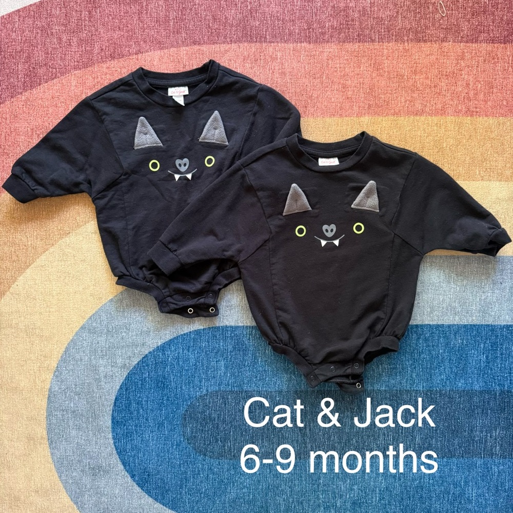 Cat & Jack Black Sweatshirt Bubble Rompers with Bat Design (bundle of 2)